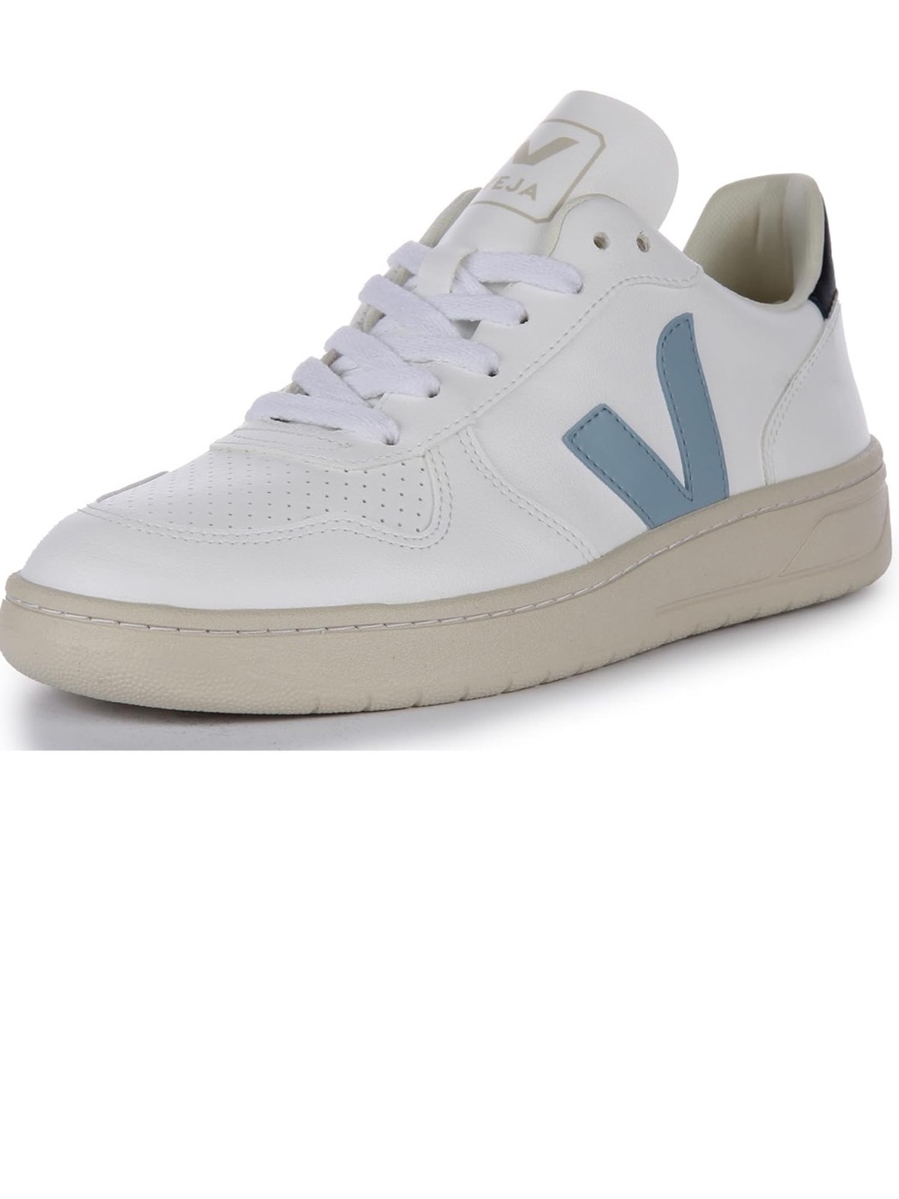 Veja Unisex V-10White Leather Sneakers with Light Blue V Logo
